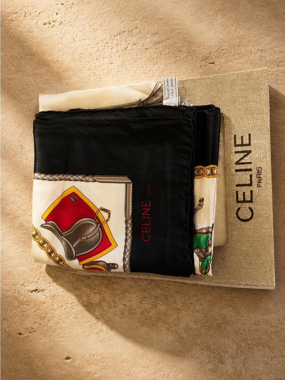 Celine Silk Scarf in Black, Cream with Red and Green Accents